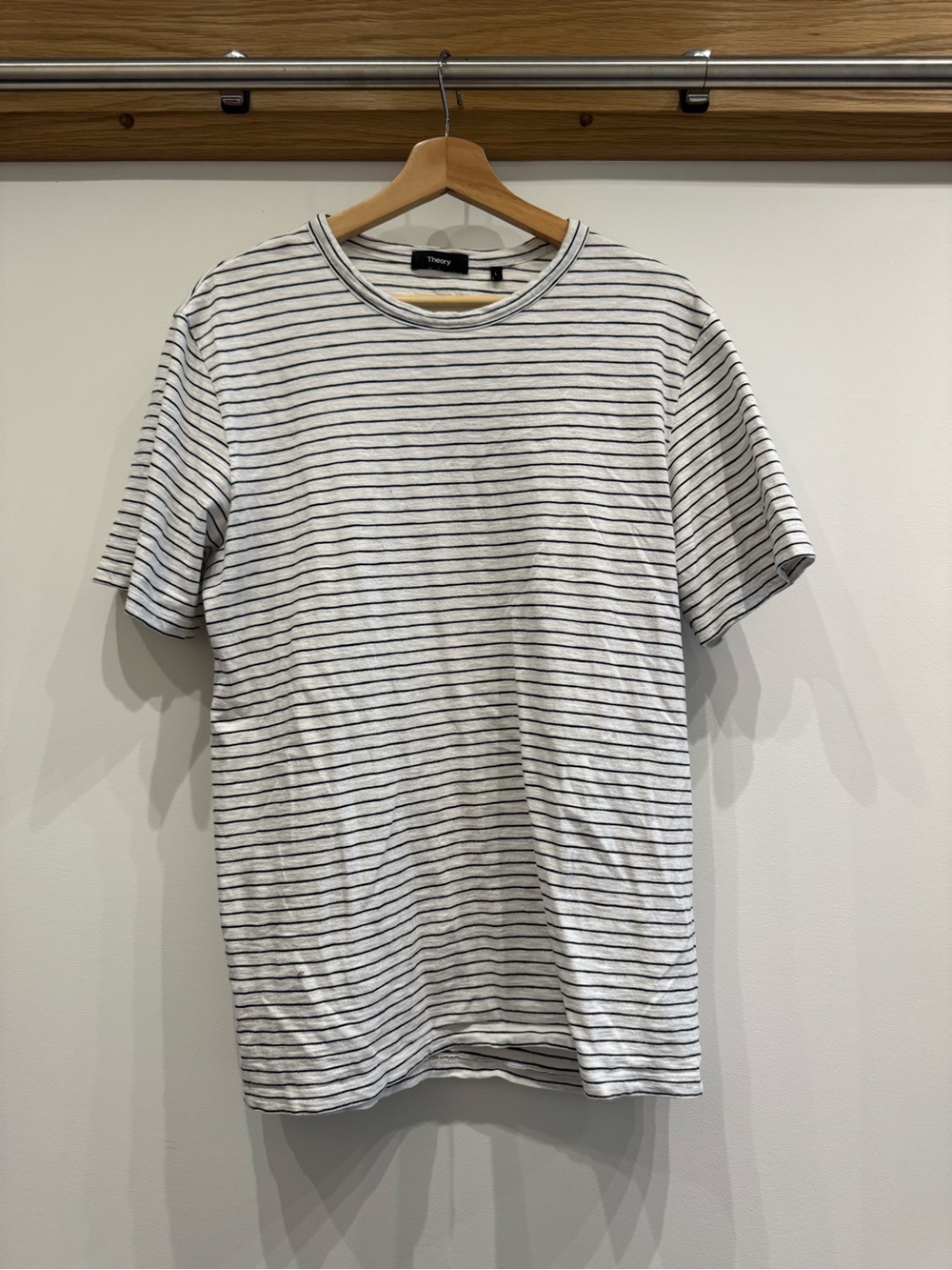 Theory White and Navy Striped Crew Tee